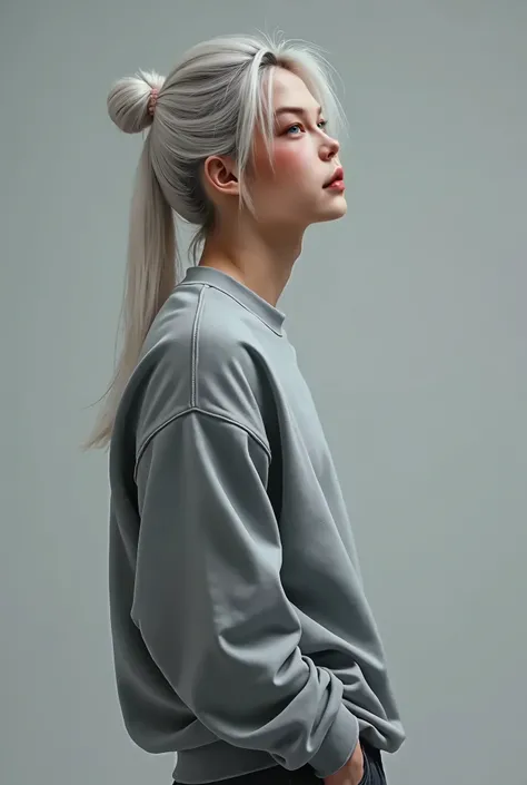 Jimin with his body to the side, head looking slightly upwards, long white hair tied in a bun with a few strands of her bangs over her forehead, background gray, wearing a loose gray sweatshirt. 