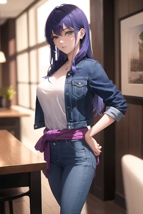 ((The best quality)), ((masterpiece)), (DETAILED), (4k), 1 woman, (with some tight violet jeans), (a purple fitted denim jacket),(violet clothes), ((blue hair)), ((long beautiful hair)), ((green eyes)) ,(18 years old), ((with hands on waist)), ((looking at...