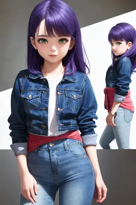 ((The best quality)), ((masterpiece)), (DETAILED), (4k), 1 woman, (with some tight violet jeans), (a purple fitted denim jacket),(violet clothes), ((blue hair)), ((long beautiful hair)), ((green eyes)) ,(18 years old), ((with hands on waist)), ((looking at...