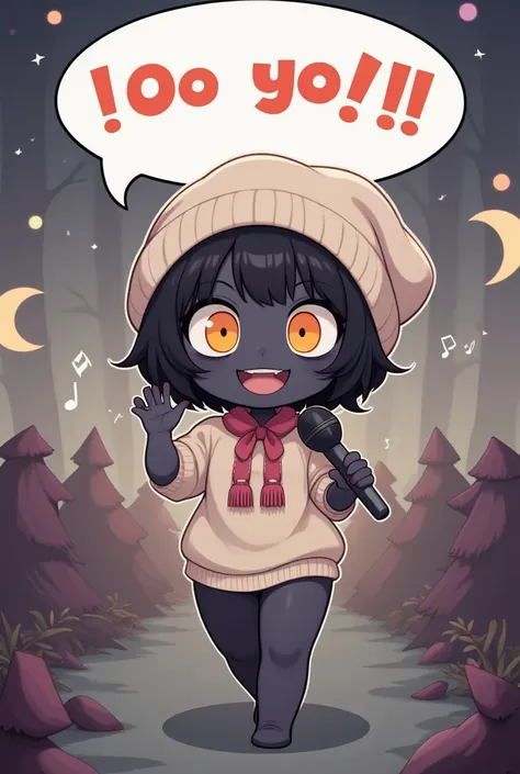 cute chibi girl with speech bubble saying "HEY! YO! Whats up?", dancing and rapping with a microphone, wearing knit cap, loose jumper, loose T-shirt, baggy pants, colorful effects, kawaii, dynamic and delicate depiction