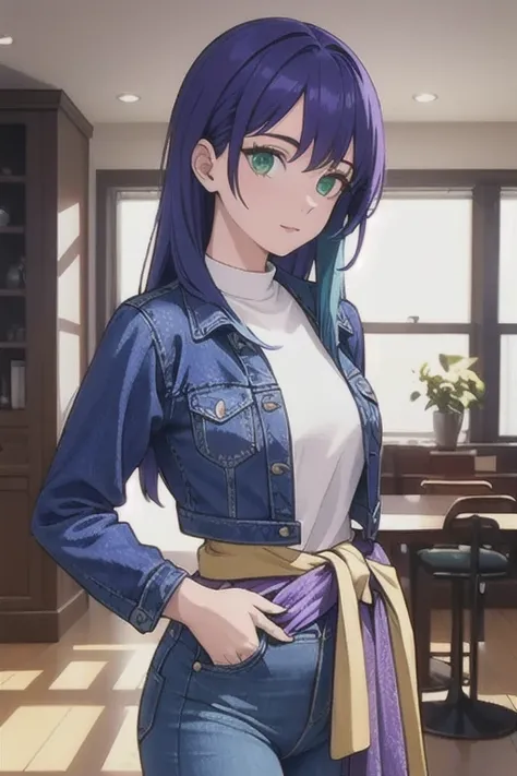 ((The best quality)), ((masterpiece)), (DETAILED), (4k), 1 woman, (with some tight violet jeans), (a purple fitted denim jacket),(violet clothes), ((blue hair)), ((long beautiful hair)), ((green eyes)) ,(18 years old), ((with hands on waist)), ((looking at...