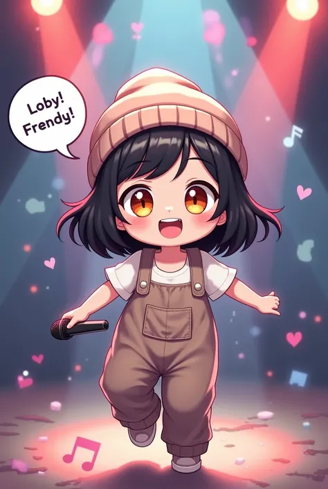 cute chibi girl with speech bubble saying "HEY! YO! Whats up?", dancing and rapping with a microphone, wearing knit cap, loose jumper, loose T-shirt, baggy pants, colorful effects, kawaii, dynamic and delicate depiction