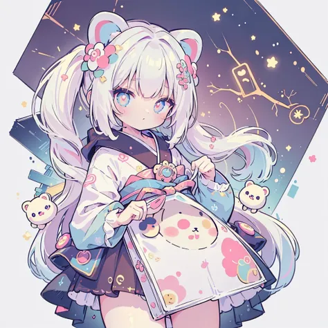 (The best composition、Golden Ratio、Best Quality、Masterpiece、Super detailed、High definition)、Emo Girl, Long neon white hair, , Detailed eyes, thin,  Harajuku-style hooded kimono,  1 person,Kawaii Tech,teddy bear、Simple neon color background、