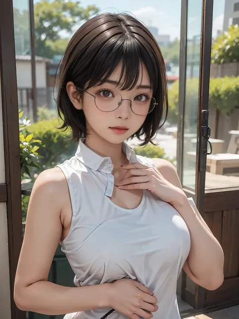 8k,Best Quality,(masterpiece:1.2),(Realistic),(Realistic:1.37),Ultra-high resolution,1. ((Japanese women))、((Mature Woman))、((Married Woman))、Droopy eyes,Beautiful teeth alignment,((Wear rimless glasses))、((Black short bob hair))、 ((Front View))((Accentuat...