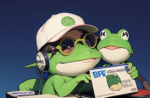 An intelligent frog with cute, cartoon-like eyes, dressed like a Roman Caesar、The frog is wearing headphones and small round sunglasses over a hat with the Ꮲ logo on it.、The background is an analog record、lovely、