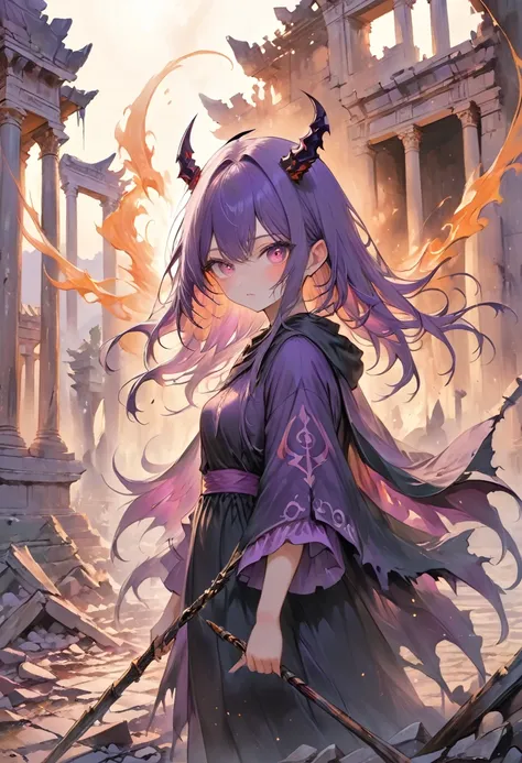 (masterpiece, best quality, vivid colors, sharp contrast, ultra-detailed) ,scary,a close-up of a purple-cloaked demon, their fac...