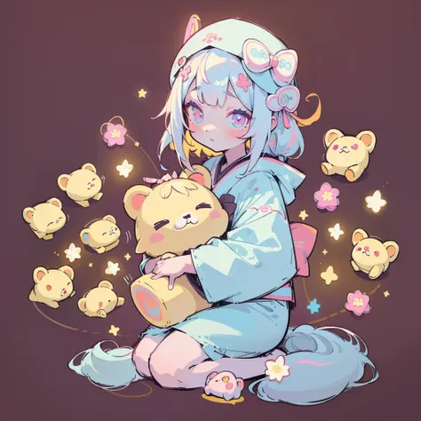 (The best composition、Golden Ratio、Best Quality、Masterpiece、Super detailed、High definition)、Emo Girl, Long neon white hair, , Detailed eyes, thin,  Harajuku-style hooded kimono,  1 person,Kawaii Tech,teddy bear、Simple neon color background、