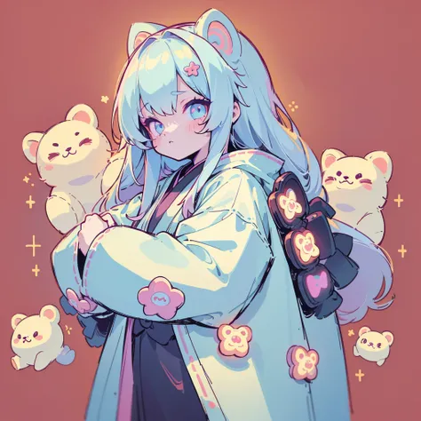 (The best composition、Golden Ratio、Best Quality、Masterpiece、Super detailed、High definition)、Emo Girl, Long neon white hair, , Detailed eyes, thin,  Harajuku-style hooded kimono,  1 person,Kawaii Tech,teddy bear、Simple neon color background、