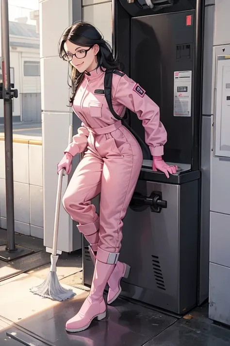 A mature woman with glasses and black hair in a long sleeve jumpsuit, wearing long pink rubber gloves and white boots, cleaning a dirty station toilet with a smile