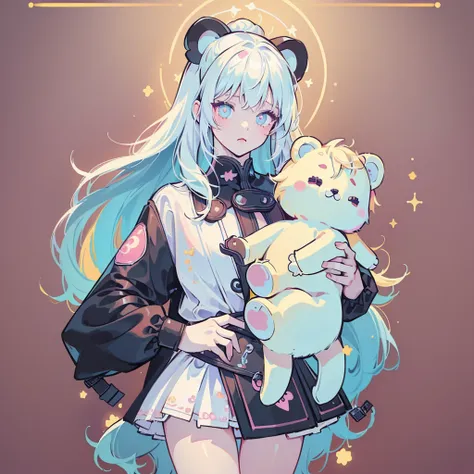 (The best composition、Golden Ratio、Best Quality、Masterpiece、Super detailed、High definition)、Goth Emo Girl, Long neon white hair, , Detailed eyes, thin, Unique and cute clothes,  1 person,Kawaii Tech,teddy bear、Simple neon color background、