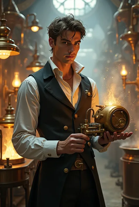 The Steampunk Inventor
A tall, lean, and muscular 20-year-old inventor stands in a grand laboratory, filled with intricate brass machinery, clockwork automata, and steaming cauldrons of chemicals. His smooth white skin glows under the warm light of gas lam...