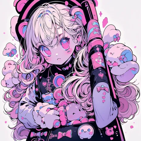 (The best composition、Golden Ratio、Best Quality、Masterpiece、Super detailed、High definition)、Goth Emo Girl, Long neon white hair, , Detailed eyes, thin, Unique and cute clothes, 1 person,Kawaii Tech,teddy bear、Simple neon color background、