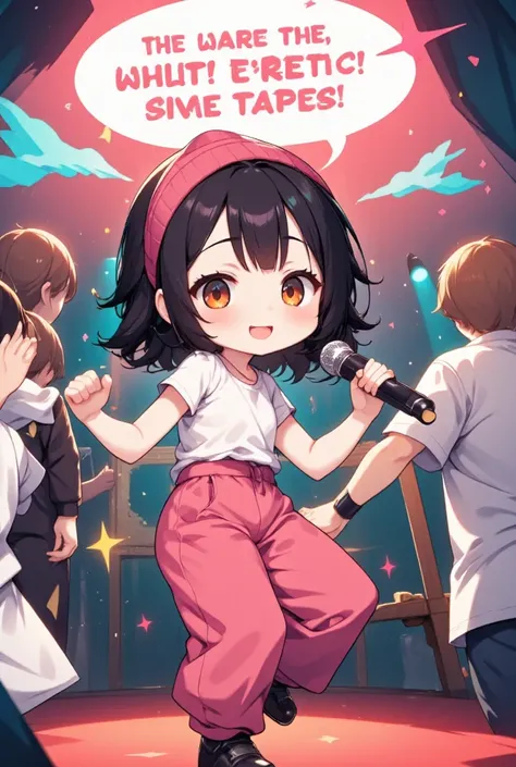 cute chibi girl with speech bubble saying "HEY! YO! Whats up?", dancing and rapping with a microphone, wearing knit cap, loose jumper, loose T-shirt, baggy pants, colorful effects, kawaii, dynamic and delicate depiction