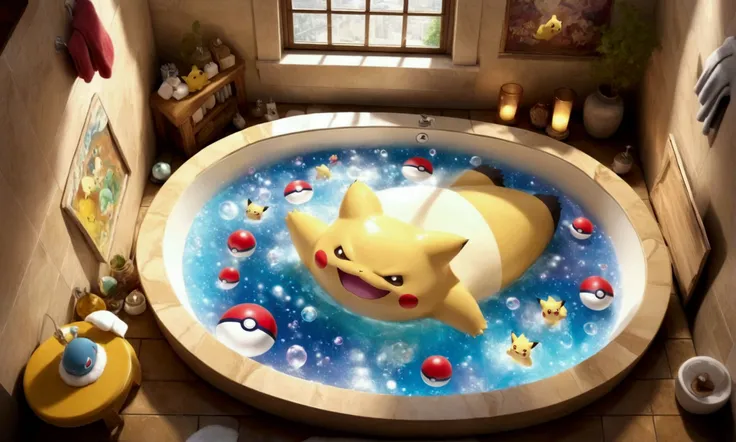 pokemon themed bathroom, the bathtub is running over with soapy bubbles they are roughly in the form of a snorlax whimsical scene