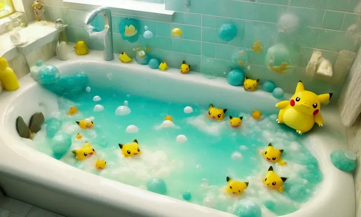 pokemon themed bathroom, the bathtub is running over with soapy bubbles they are roughly in the form of a snorlax whimsical scene