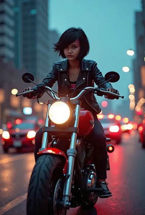 Original photo, full body, q girl 15 year,  short hair, riding a Harley Davidson motorbike, circuit, city, red and blue light effects. behind many vehicles, tall buildings, UHD, DETAIL.