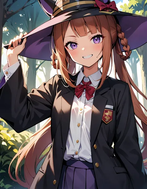  1girl, Sweep Tosho (umamusume), umamusume,flat chest, solo, masterpiece, gleaming skin, super detailed skin, shiny hair, glamorous, smile,steam,sweat,horse tails,witch hat,witch,forest,