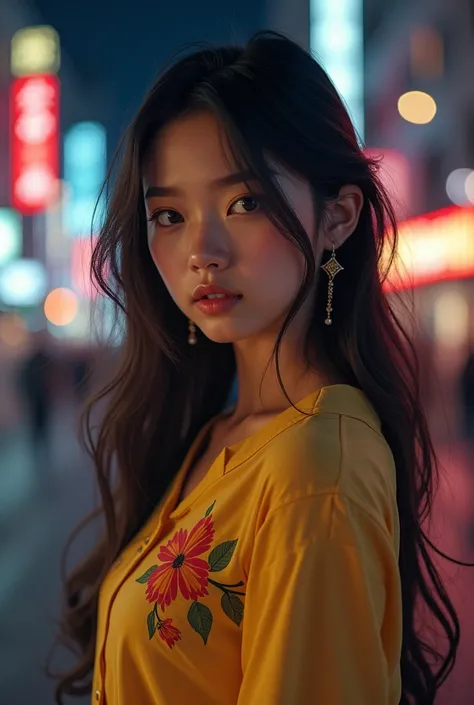 Yellow shirt, viewer, floral print, depth of field, night cityscape, (1 girl: 1.6), long hair, ulzzang-6500v1.1, (original: 1.2), (realistic: 1.3), beautiful girl with beautiful details, very detailed eyes and face, eyes with beautiful details, absurd, ver...