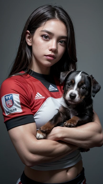 puppy with a human body, muscular and strong body, body with puppy skin, humanoid, but dressed in the Athletico Paranaense teams clothes