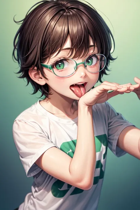 Eleven year old boy , short dark brown hair , large expressive dark green eyes , prescription glasses , upper body , arms stretched out towards the viewer , mouth open and tongue out , looking at the viewer , top white