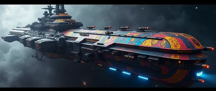 An full image of a long wide giant heavily armored futuristic flying all terrain warship, covered in rainbow batik pattern and glowing javanese runic symbols, flying hovercraft, flying submarine, flying aircraft carrier, flying cruise ship, flying yacht, f...