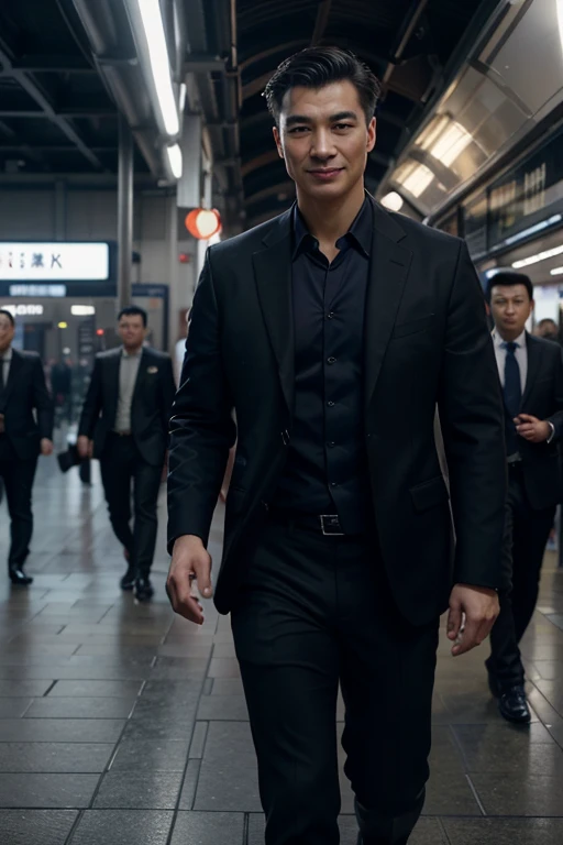 masterpiece, photorealistic, superior, successful Chinese business, detailed beautiful male Chinese facial features, suit with open collared shirt, arrogant pleased smile getting shoe shined in Victoria Station London, English businessman walk past, 8k, de...