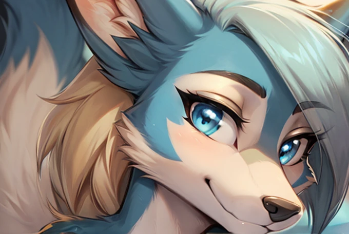 1 girl, vixen girl, aqua body, anthropo furry:1.3, snout:1.2, anthropo:1.3, furry:1.2, close up:1.2, lonely woman:1.2, squinting eyes, Satisfied smile), add high definition_Detail:1, blue fur,kitsune ears, tribal tattoo add_Detail:1, closeup only face, blu...