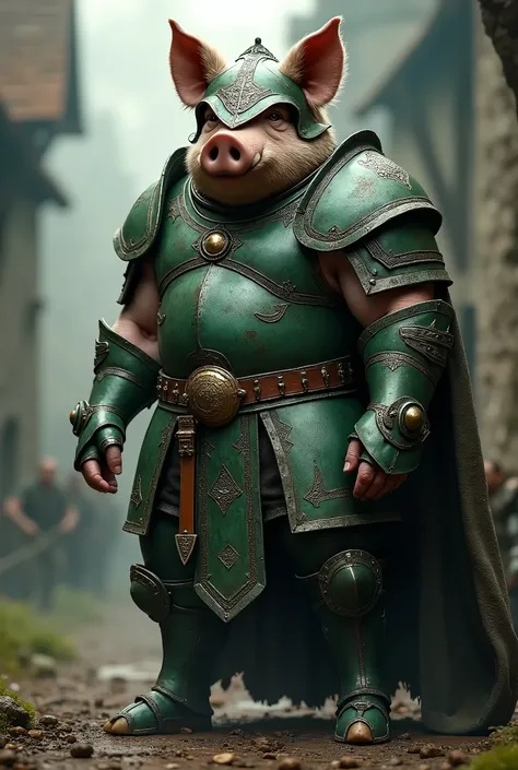 A large, muscular anthropomorphic pig standing upright, wearing a full suit of medieval full green armor. The armor is detailed with steel plates, intricate engravings, and battle-worn textures, covering the pigs robust frame. The pigs strong stance gives ...