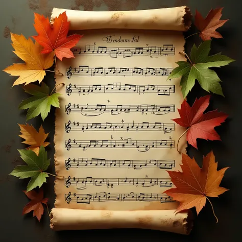 a sheet of parchment paper with music notes and has rustic oak and maple leaves that outline the sheet music 