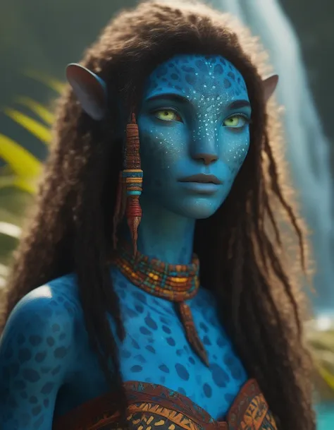 (face portrait), na'vi, 1girl, female, (green eyes), ((big detailed alien eyes)), ((eyebrowless)), ((pointy ears)), ( blue skin ...