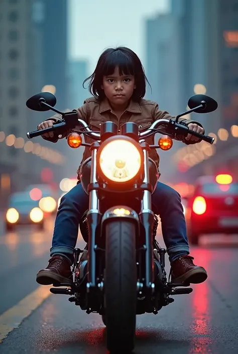 Original photo, full body, asian child girl 6 year, short hair, riding a Harley Davidson motorbike, circuit, city, red and blue light effects. behind many vehicles, tall buildings, UHD, DETAIL.