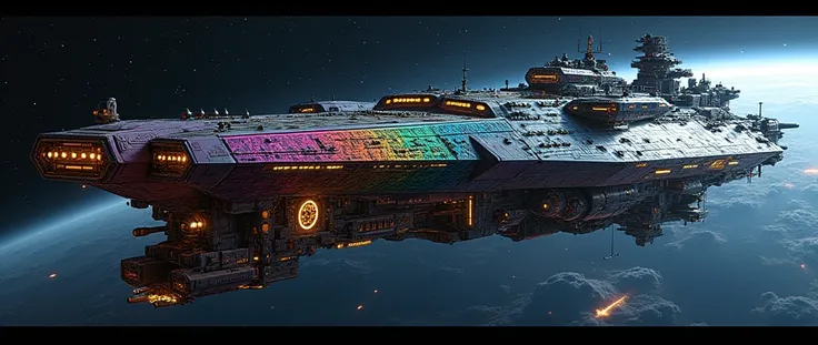 An full image of a long wide giant heavily armored futuristic flying all terrain warship, covered in rainbow batik pattern and glowing javanese runic symbols, flying hovercraft, flying submarine, flying aircraft carrier, flying cruise ship, flying yacht, f...