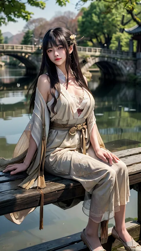 （masterpiece:1.3),(best quality:1.4),(actual:1a.4）,west lake landscape,under the stone bridge,Wooden boat,,sitting woman,slow moving character,Liu Yurou,Long hair with bangs and shawl,Big Boobs,Wearing goose yellow Hanfu,