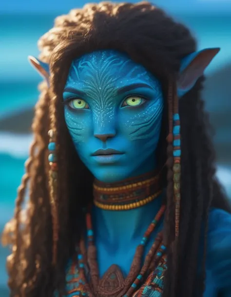 (face portrait), na'vi, 1girl, female, (green eyes), ((big detailed alien eyes)), ((eyebrowless)), ((pointy ears)), ( blue skin ...