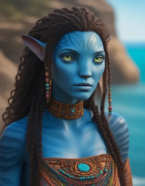 (face portrait), na'vi, 1girl, female, (green eyes), ((big detailed alien eyes)), ((eyebrowless)), ((pointy ears)), ( blue skin ...