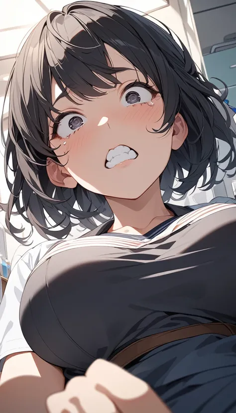 masterpiece, Best Quality, High resolution, Super detailed, Anime Style,  Low angle, Exclude, Dental Clinic, One Girl, solo, Dental hygienist, Close-up of chest to head,  Cute face, Puzzled, Teary-eyed, Large Breasts, Short black hair, break, Dark Eyes, br...