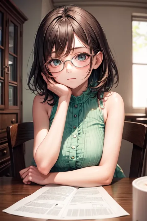 Eleven year old girl , short dark brown hair , large expressive dark green eyes , prescription glasses , upper body , right hand supporting the face , left arm resting on the table, looking at the viewer , short white sleeveless blouse without print