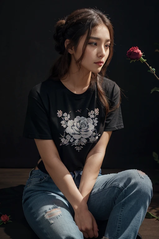 A beautiful woman with a long, up-do hairstyle from Korea wearing a black floral t-shirt, jeans, sitting holding a rose flower, synthetic background, High Resolution, long hair, looking at viewer, 