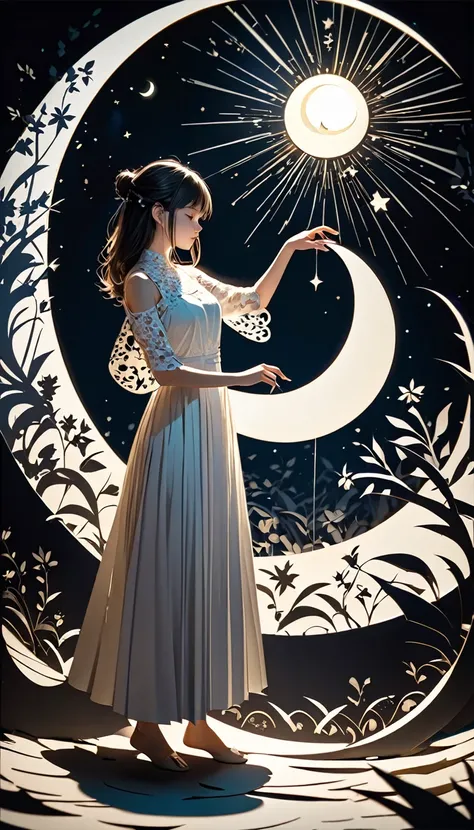 fusion of paper cutting and shadow puppetry, 1girl playing with a crescent moon, conceptual installation art, fantasy effects, delicate and dynamic textures, contrasts of light and shadow, 2.5D, digital graphic CG, absolutely resolution, best quality