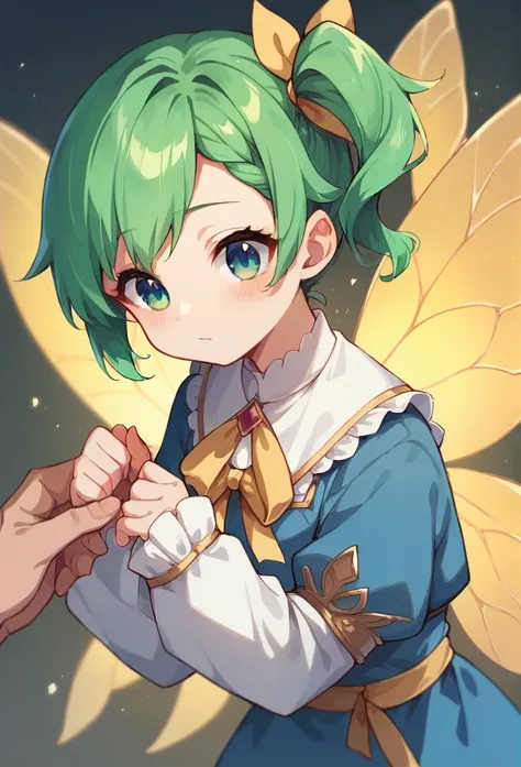 (1 girl) daiyousei,fairy, short green hair with a yellow ribbon on he hair,side ponytail ,blue dress with white trim and sleeves with golden wings on her back
Cute