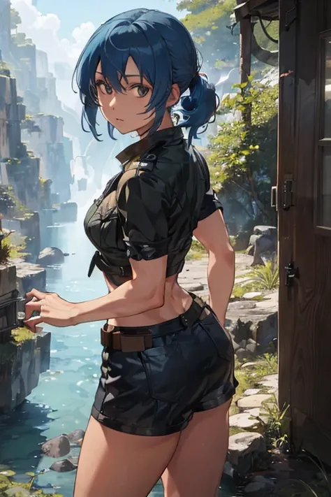 ((The best quality)), ((masterpiece)), (DETAILED),(4k) (Leona Heidern), neckline, (blue hair), (I saw the viewer), (landscape of a jungle), ((front view))