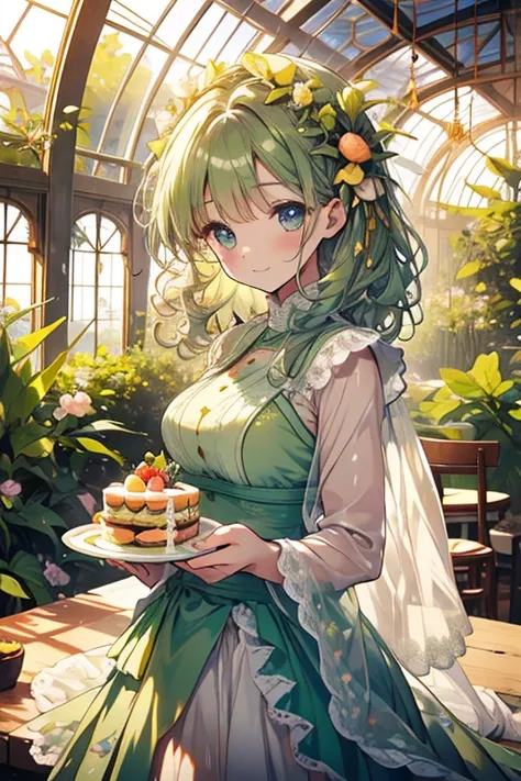 Inside the botanical garden、Tropical Botanical Garden、Greenhouse Dome、Afternoon Tea、Botanical Garden Cafe、Beautiful girl with curly hair、Like a princess、Drinking tea、Three-tiered cake display on the table、Tart made with stomped fruit、Basque cheesecake、Matc...