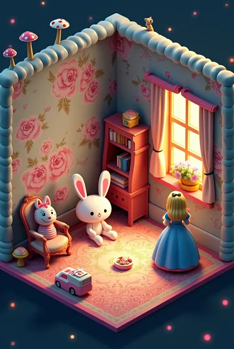 Generate an isometric rendering of a room displaying Disney objects。 "Alice in Wonderland." Make sure the representation is cute and easily recognizable. Create a cozy atmosphere through lighting, Making your compositions powerful and impactful, Reflects t...