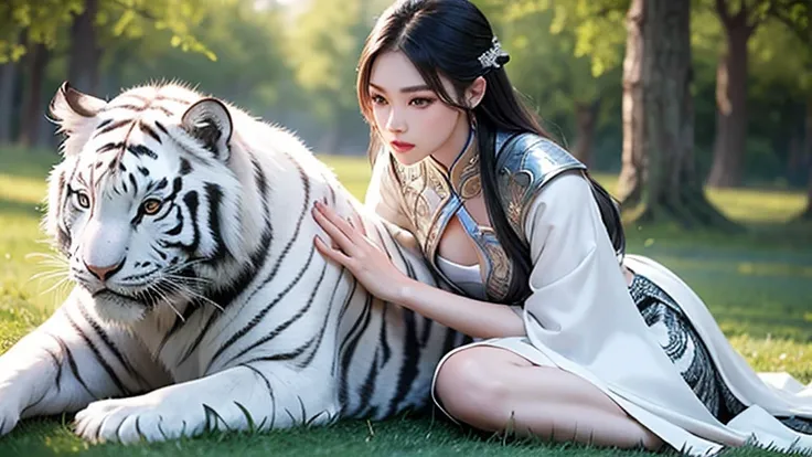 A Chinese warrior princess, beautiful detailed eyes, beautiful detailed lips, extremely detailed face and eyes, long eyelashes, a huge white tiger, sitting on a grass ground, cinematic lighting, muted color palette, fantasy, digital art, highly detailed, 8...