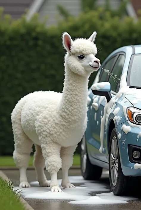 A foam-covered alpaca is washing a car