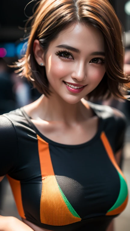 (See-through clothing:1.3, ),(Cute Cyberpunk Soldier:1.3),(((Cyberpunk Suit))), open jacket,（Run through the jungle.:1.3）,(((Colorful short hair with shiny light brown and orange stripes on the nape))),(((Messy Hair))),Perfect round face,Cute eyes,Cute Smi...