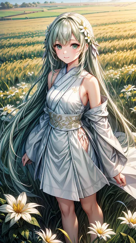 masterpiece, Best quality, Ultra high resolution, Detailed illustration, portrait, Detailed, 1Girl standing in a wheat field, Solitary, Long hair, skirt, flower, White Hanfu, Smile, whole body, white flower, Bare Shoulders, very Long hair, Light green hair...