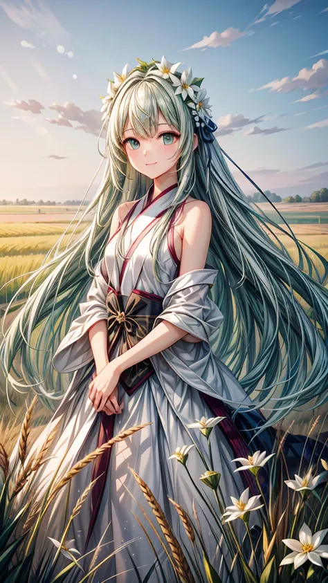 masterpiece, Best quality, Ultra high resolution, Detailed illustration, portrait, Detailed, 1Girl standing in a wheat field, Solitary, Long hair, skirt, flower, White Hanfu, Smile, whole body, white flower, Bare Shoulders, very Long hair, Light green hair...