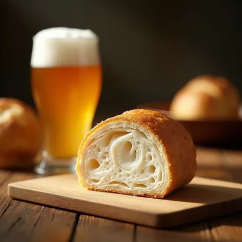 A beautiful cross-section of a Japanese pastry bread、Fluffy white interior with lots of air holes、Glass of foamy beer、(Best Quality、8k、High resolution、masterpiece:1.2)、Super detailed、(Real、Photorealistic、Photorealistic:1.37)、Food Photography、Detailed food ...