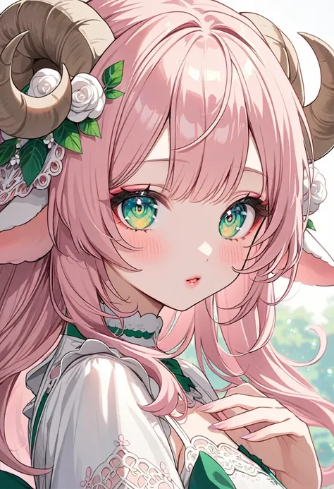 Anime girl, pastel pink hair, emerald green eyes, red makeup, sheep ears, sheep horns, beautiful, white dress. Detailed, detailed eyes. Kawaii